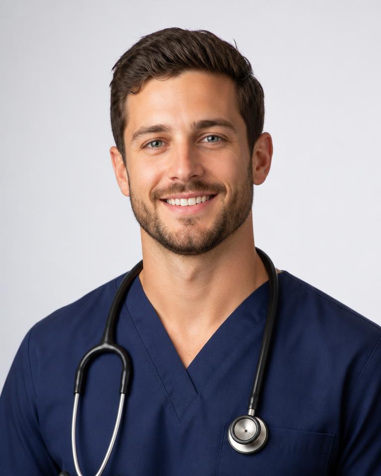 AI generated headshot of a clinic practitioner in white lab coat
