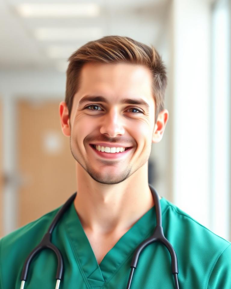 Specialist headshot in soft clinic lighting