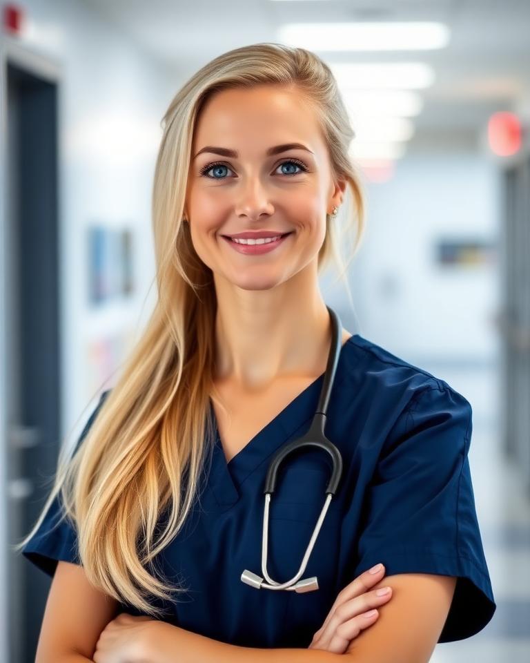 Urgent care clinician headshot in navy scrubs